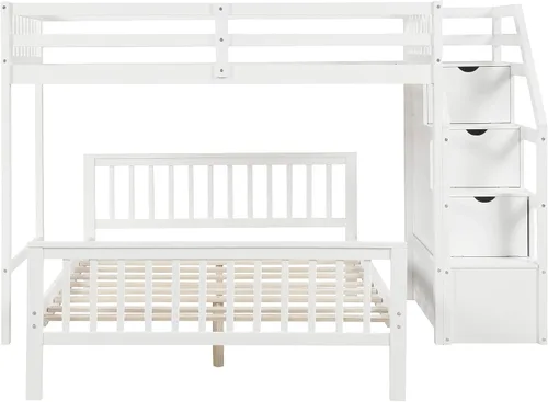 Vista 9 de Litera en forma de L individual sobre matrimonial, cama tipo loft individual con cajones de almacenamiento (blanco)