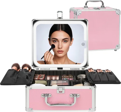 Vista 14 de Relavel - Bolsa de maquillaje con espejo LED, estuche de maquillaje para viajes en tren con espejo iluminado recargable y divisores ajustables Negro