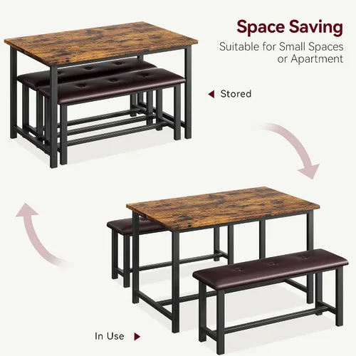 Vista 7 de GAOMON Juego de mesa de comedor para 4, mesa de cocina con bancos, juego de mesa de comedor rectangular con 2 bancos tapizados, juego de mesa