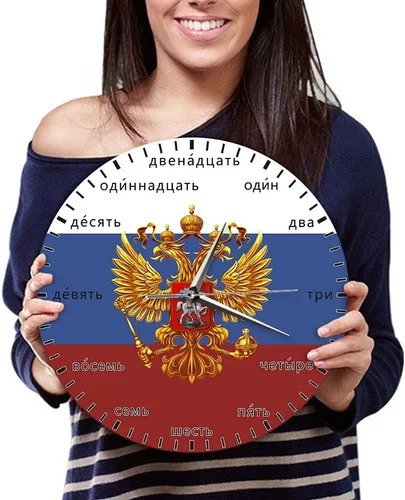 Vista 3 de The Geeky Days Escudo de armas de Rusia doble cabeza águila patriótico moderno reloj de pared de idioma ruso números silenciosos cuarzo reloj