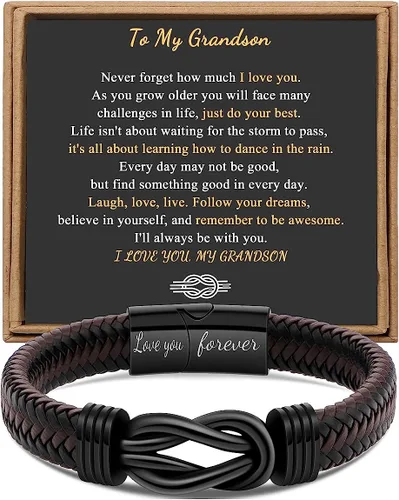 Vista 14 de Regalo para Hombres Pulsera Infinita para Hombres Papá Marido Novio Hijo Nieto Hermano Sobrino Tío Cuero Trenzado Marrón Siempre Unidos Acero