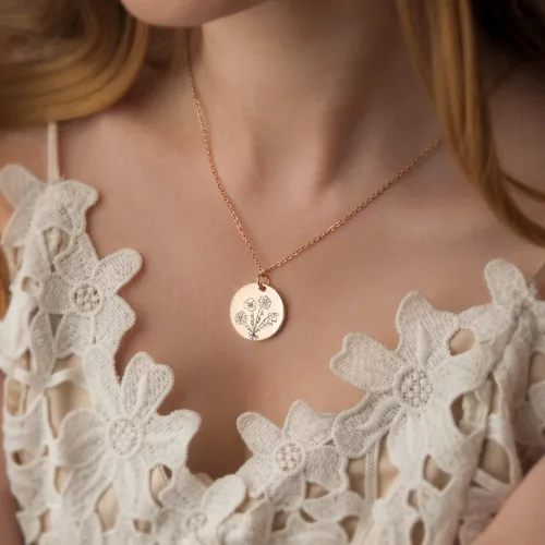 Vista 4 de Anavia -Build Your Own Bouquet- Birthmonth Flowers Necklace, Personalized Engraved Floral Coin Necklace, Customized Birthday Gifts Love Jewelry for