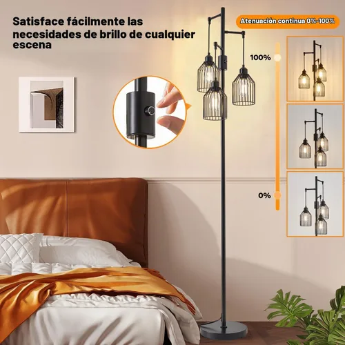 Vista 2 de Lámpara de pie regulable para sala de estar, lámpara de pie de granja con elegante jaula colgante, 3 bombillas LED Edison incluidas, lámpara de pie