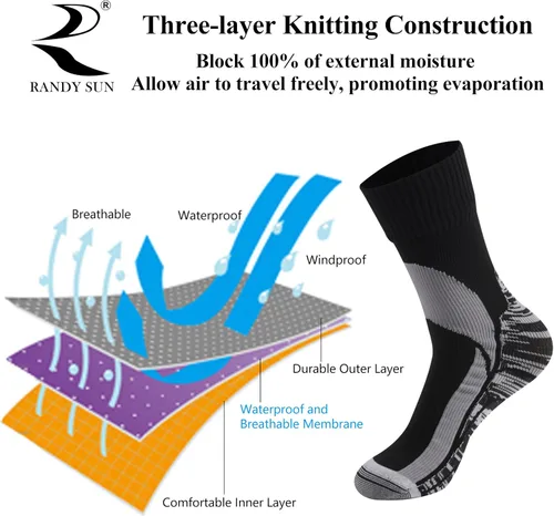 Vista 3 de RANDY SUN Certificado SGS Calcetines unisex impermeables y transpirables para senderismo, senderismo, esquí, 2 pares