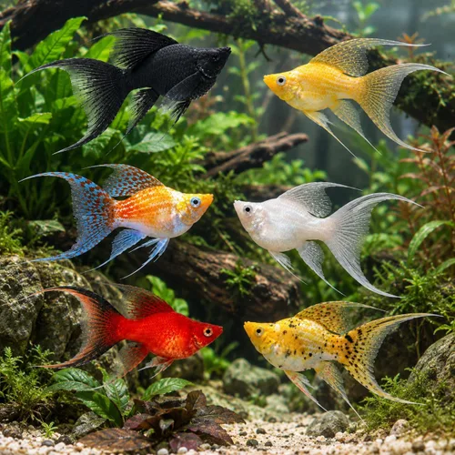 Vista 2 de Swimming Creatures™ 4 Lyretail Balloon Molly (Poecilia sphenops) Peces de acuario vivos de agua dulce – Variedad mixta colorida – Colores Molly