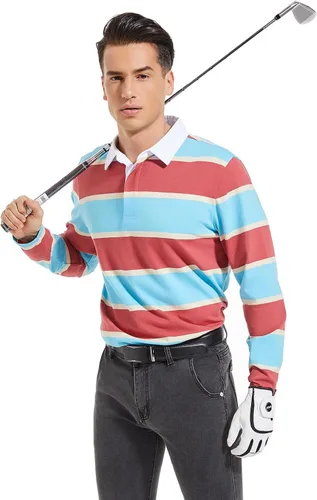 Vista 2 de VANLYTK Polo para hombre de manga larga que absorbe la humedad, cuello a rayas, para golf y rugby