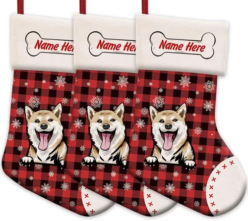 Vista 33 de Foto personalizada, Feliz Navidad, búfalo rojo, a cuadros, feliz perro, calcetín de Navidad, copo de nieve, decoración de vacaciones, calcetín