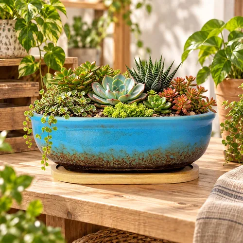 Vista 6 de Macetas para suculentas, macetas rectangulares de 7.9 pulgadas de largo con bandeja de drenaje, macetas poco profundas para plantas de interior Azul