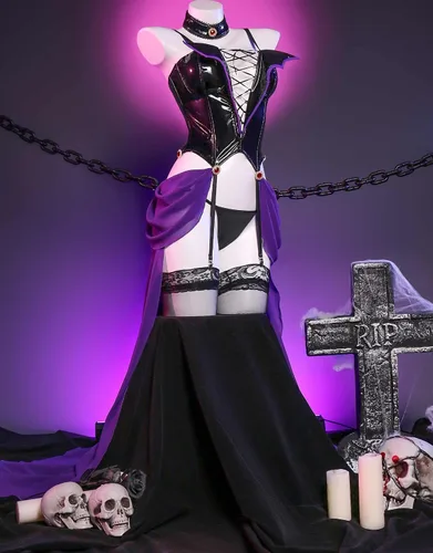 Vista 3 de miccostumes Disfraz de anime para mujer, conjunto de lencería sexy con corsé y tanga con gargantilla y calcetines en el muslo