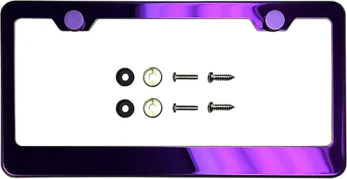 Vista 2 de Marco de matrícula con espejo cromado morado T304 de acero inoxidable + tapas de rosca de metal