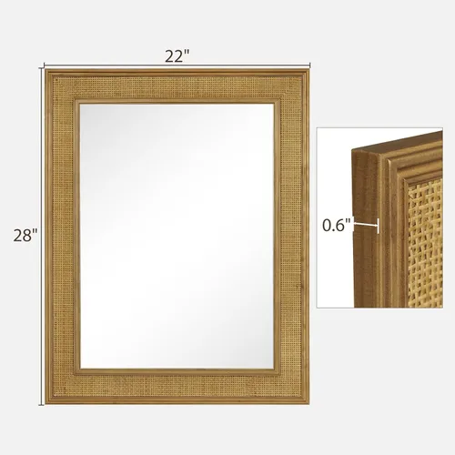 Vista 4 de WallBeyond Espejo de Pared de Ratán Rectangular, Espejo de Ratán de 22 X 28 Pulgadas con Marco de Madera para Decoración de Pared, Baño, Sala