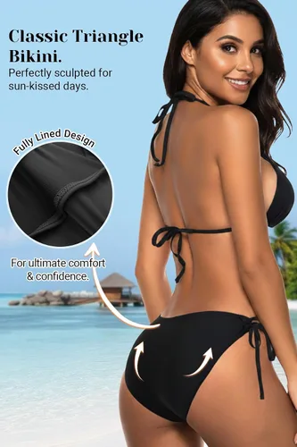 Vista 2 de Tempt Me - Conjunto de bikini triangular para mujer, traje de baño sexy de dos piezas, traje de baño con cintas laterales 1 Negro