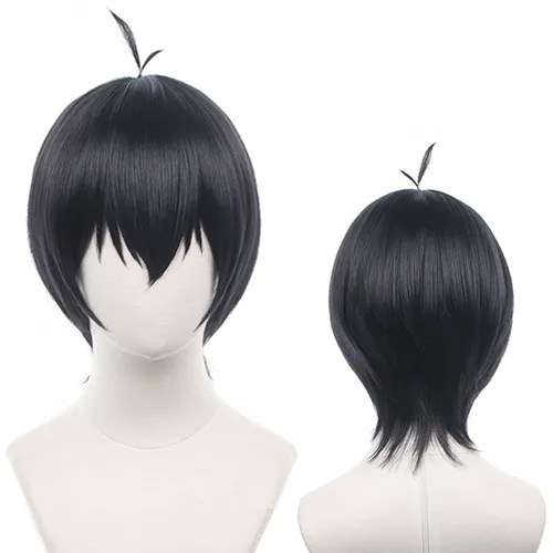 Vista 11 de Pelucas de anime verde oscuro para hombre, peluca corta y recta con flequillo para mujer, peluca COS para Halloween, Navidad, cómic, transmisión