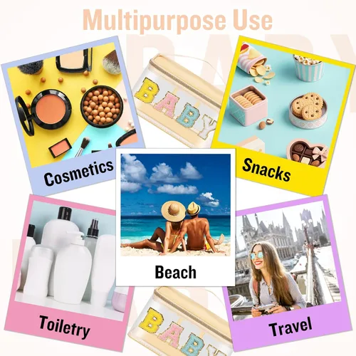 Vista 7 de izuzta Bolsas de maquillaje transparentes con letras de chenilla, bolsa de maquillaje de parche preppy con asa