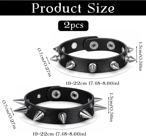 Vista 2 de 2 pulseras punk, pulseras con tachuelas de cuero, remaches góticos, pulsera ajustable con pinchos, pulsera de metal, accesorios punk