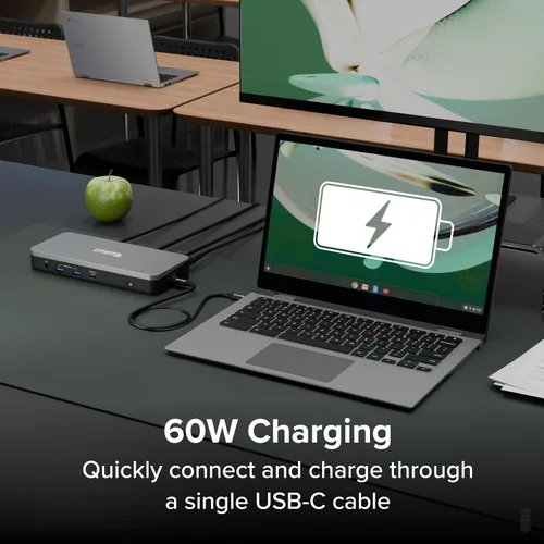 Vista 4 de Plugable Estación de acoplamiento dual 4K USB-C 12 en 1, funciona con certificado Chromebook, carga de 60 W para aulas y negocios, ChromeOS/Windows