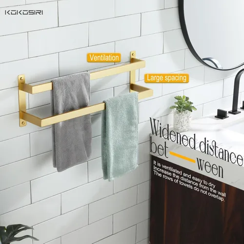 Vista 6 de KOKOSIRI Barras para Toallas de Baño de 2 Niveles Tipo Escalera Dorado Cepillado Rieles para Toallas de 24 Pulgadas Soportes para Toallas Montados