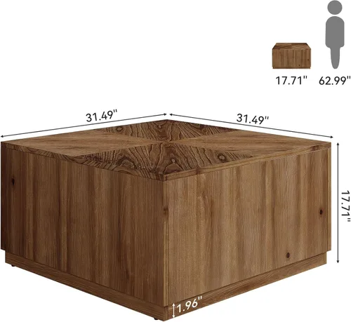 Vista 2 de Mesa auxiliar cuadrada de 31.5 pulgadas para sala de estar, mesa de cóctel central de madera maciza con parte superior de parquet, fácil montaje