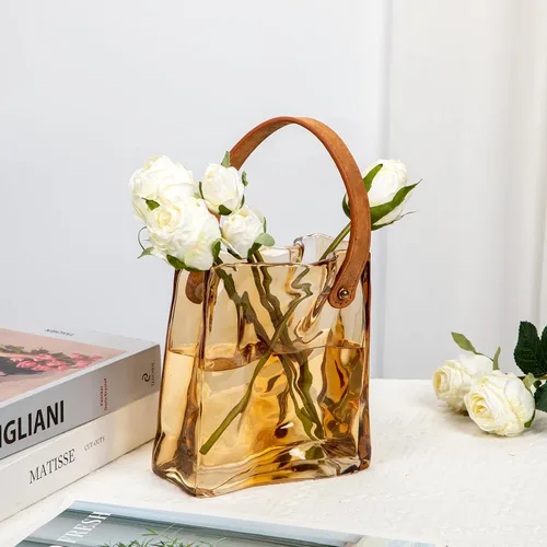 Vista 3 de Florero de bolso de cristal para flores, floreros de ámbar para centros de mesa, florero de bolsa de cristal con asa de cuero, floreros pequeños