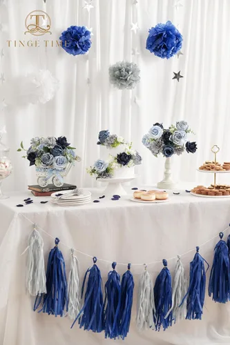 Vista 5 de TINGE TIME - Flores artificiales, 25 piezas, rosas azules degradado de aspecto real con tallo para manualidades, ramos de novia, centros de mesa