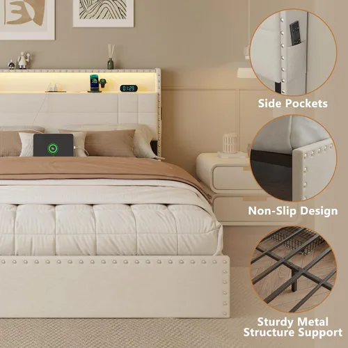 Vista 9 de Forestell Base de cama Queen con 4 cajones y cabecera de almacenamiento, base de cama tapizada tamaño Queen con luces LED y estación de carga Beige