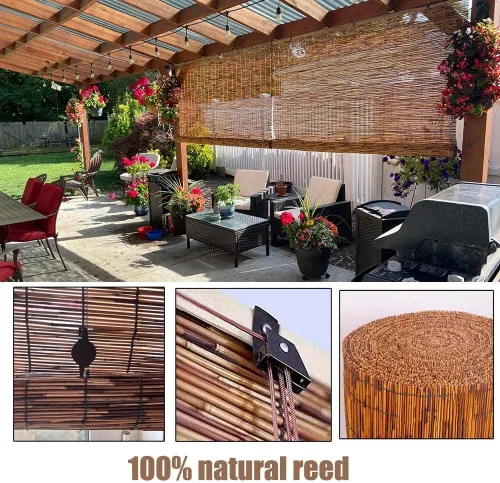 Vista 4 de Persiana decorativa de caña enrollada para patio, persianas de bambú enrolladas para protección solar de patio, persianas de bambú sin cordones