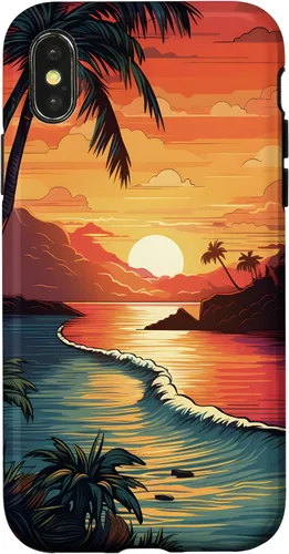 Vista 4 de Funda para iPhone 14 Sunset Beach con palmeras, colorida estética Hawaii