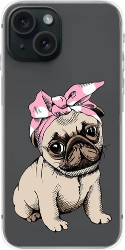 Vista 2 de Blingy's Funda para iPhone 15, lindo patrón de carlino divertido estilo perro divertido diseño de animales de dibujos animados diseño transparente