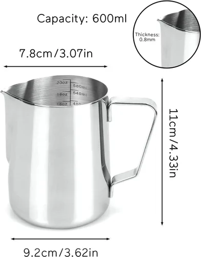 Vista 4 de Jarra de espuma de leche de 20 onzas de acero inoxidable - Jarra de crema para vaporizar espresso y café capuchino - Jarra de espuma de leche