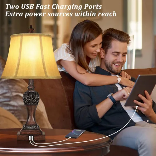 Vista 2 de Juego de 2 lámparas de mesa regulables de 3 vías con control táctil con 2 puertos de carga USB, lámparas de noche tradicionales con pantalla de seda