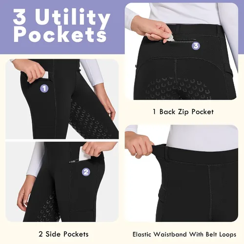 Vista 3 de FitsT4 - Pantalones de equitación con forro polar de invierno para niñas, de silicona, con bolsillos