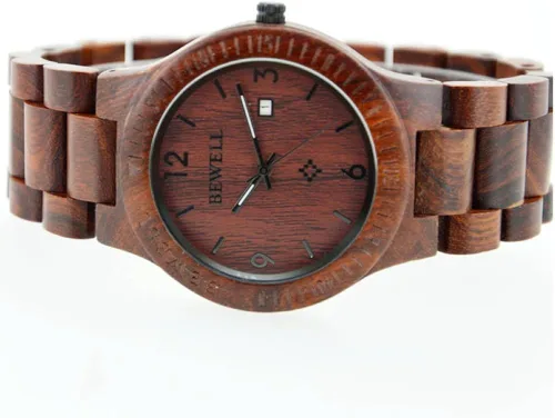 Vista 2 de Bewell W086B - Reloj de pulsera para hombre, de madera, analógico, de cuarzo, ligero, hecho a mano, de madera, W086B-Red, 1