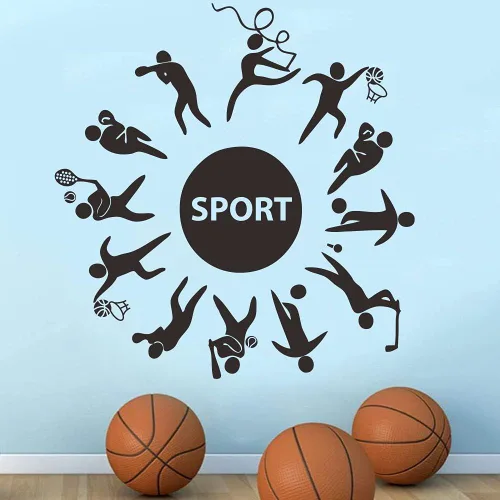 Vista 8 de Calcomanía deportiva de pared para habitación de los niños, calcomanías de PVC extraíbles con fútbol, baloncesto, béisbol y cuerda de saltar