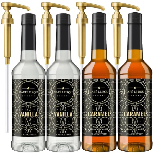 Vista 13 de Jarabe clásico de azúcar de caña Café le Rou - 750 ml, paquete de 2 con 2 dispensadores de bomba dorados