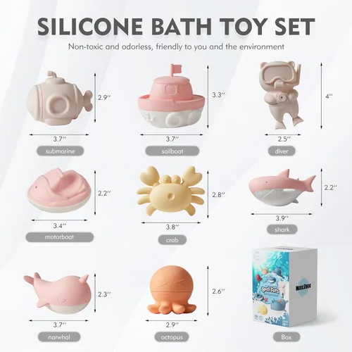 Vista 4 de MarcZero Juguetes de baño de silicona, 8 piezas, juego de océano para niños Rosa