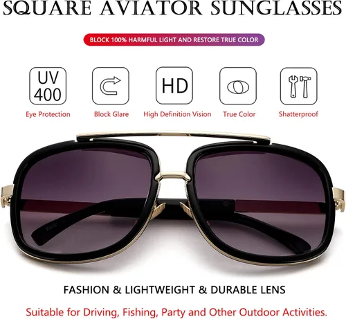 Vista 3 de AIEYEZO Gafas de sol para hombres y mujeres gafas de sol militares aviador vintage cuadrado marco de metal clásico estilo piloto