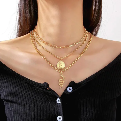 Vista 2 de MJartoria Collares de oro en capas para mujer, collar de oro con dije de moneda retro de moda, collar de cadena de eslabones gruesos delicados