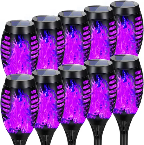 Vista 10 de Luces solares de Halloween moradas para exteriores con llama Púrpura