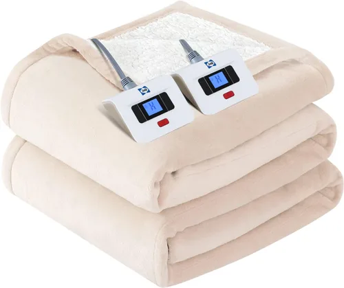 Vista 10 de Sealy - Manta eléctrica térmica, manta de franela y sherpa con 6 ajustes de calor y apagado automático de 2-10 horas, calentamiento rápido y Beige