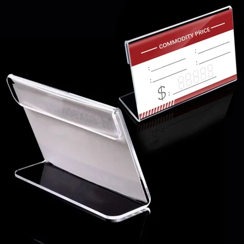 Vista 4 de 20 soportes de acrílico transparente con parte trasera inclinada vertical, en forma de L, soportes transparentes para letreros de precio, tarjetas