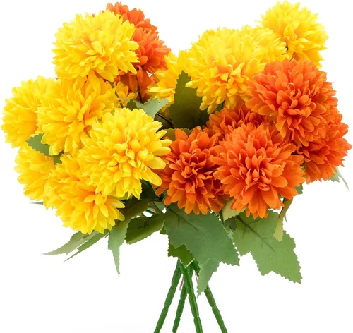 Vista 9 de Flores artificiales de caléndula, paquete de 4 ramos de flores de caléndula de seda de 12 pulgadas para decoración del día de los muertos