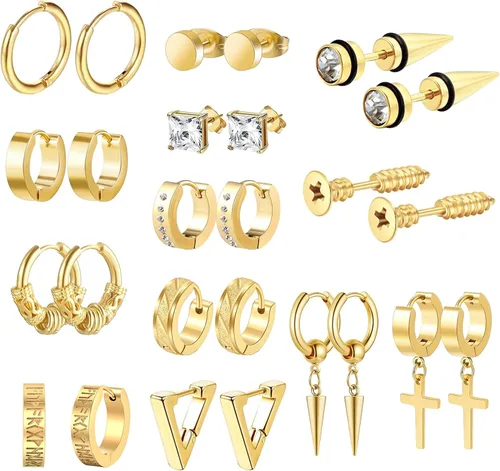Vista 11 de OIDEA 12/14/15/18 pares de aretes para hombre: aretes de acero inoxidable para hombre, juego de aretes de aro colgantes con cruz, regalo de joyería