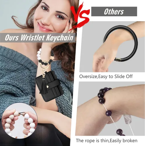 Vista 4 de KNGITRYI Cartera llavero pulsera para mujer, delgado RFID tarjeta de crédito, monedero, borla llavero brazalete para hombres y mujeres