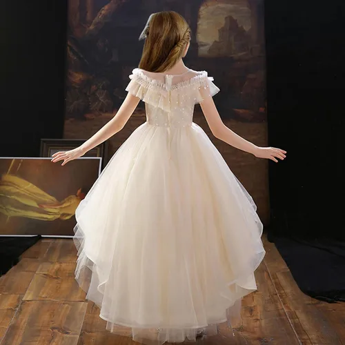 Vista 3 de Vestido de niña de las flores, adorno de encaje, tul con perlas, vestido de princesa para primera comunión, bautismo, boda, vestido de fiesta