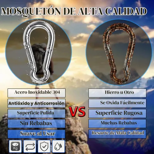 Vista 3 de Mosquetones de resorte, mosquetón de acero inoxidable 304, clip metálico resistente para conector de cuerda, abrazadera pequeña, llavero con hebilla