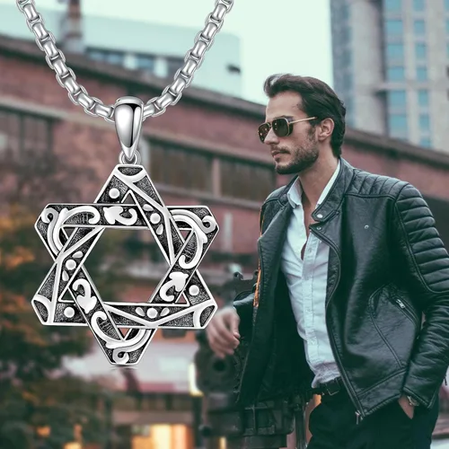 Vista 5 de Collar de estrella de David para hombre y mujer, plata de ley 925, colgante de estrella de David con cadena de caja de acero inoxidable de 22
