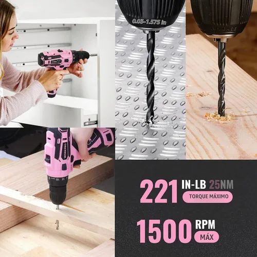 Vista 8 de WORKPRO Juego de herramientas rosa con taladro eléctrico, kit de taladro rosa portátil de 108 piezas para damas para el hogar con caja