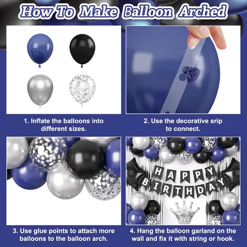 Vista 3 de Decoraciones de cumpleaños azul marino y negro para hombres, globo de confeti negro y azul con pancarta de "Happy Birthday", cortinas con flecos