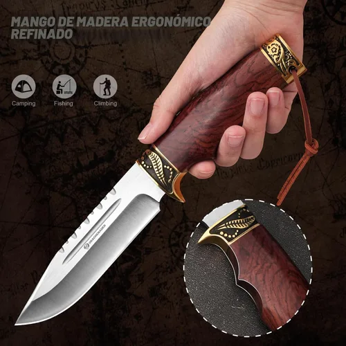 Vista 4 de DRACHENADER Cuchillo de caza de hoja fija con funda de cuero horizontal YU-LN, cuchillo de bushcraft de 10.63 pulgadas para hombres con mango