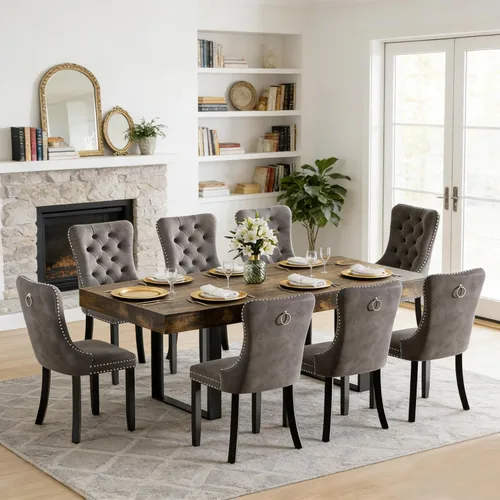 Vista 31 de Juego de mesa de comedor extensible de 5 piezas para 4, mesa de cocina de madera marrón de 63-78.7 pulgadas con 4 sillas acolchadas beige, juego